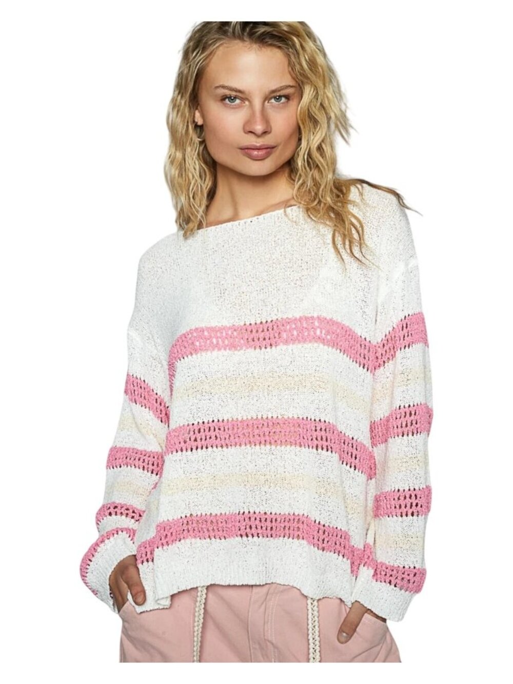 POL Sweater Medium Striped Open Knit Long Sleeve Pullover Ivory Pink Cozy Chic
